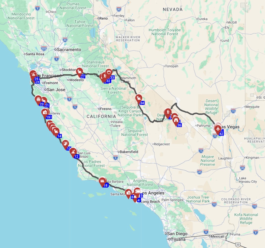 Map for מסלול טיול קרוואנים קלאסי ופופלארי בארהב  - מלוס אנגלס ללאס וגאס